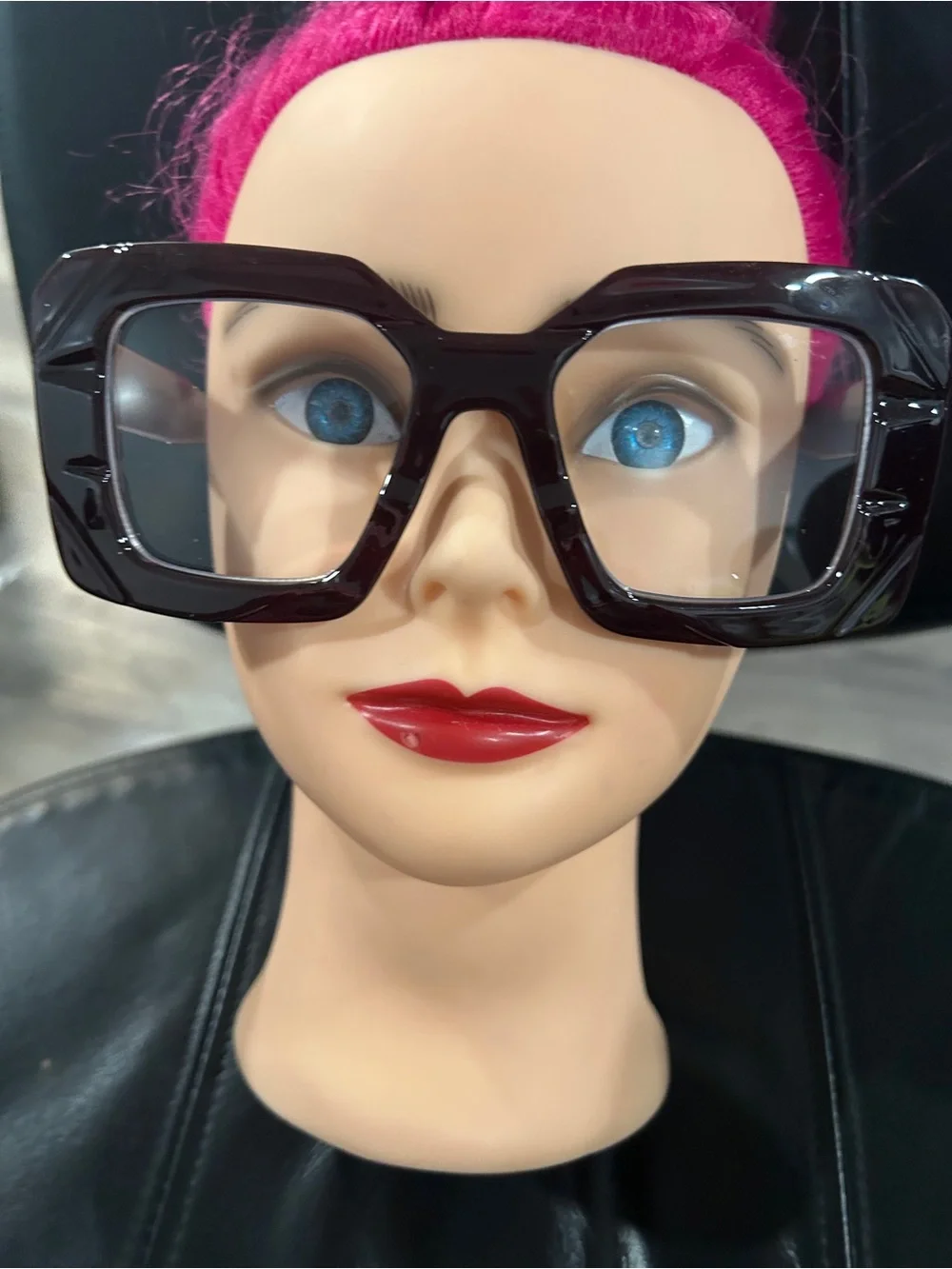 Oversized Square Frame Fashion Glasses - deep purple clear lens ready to wear.
